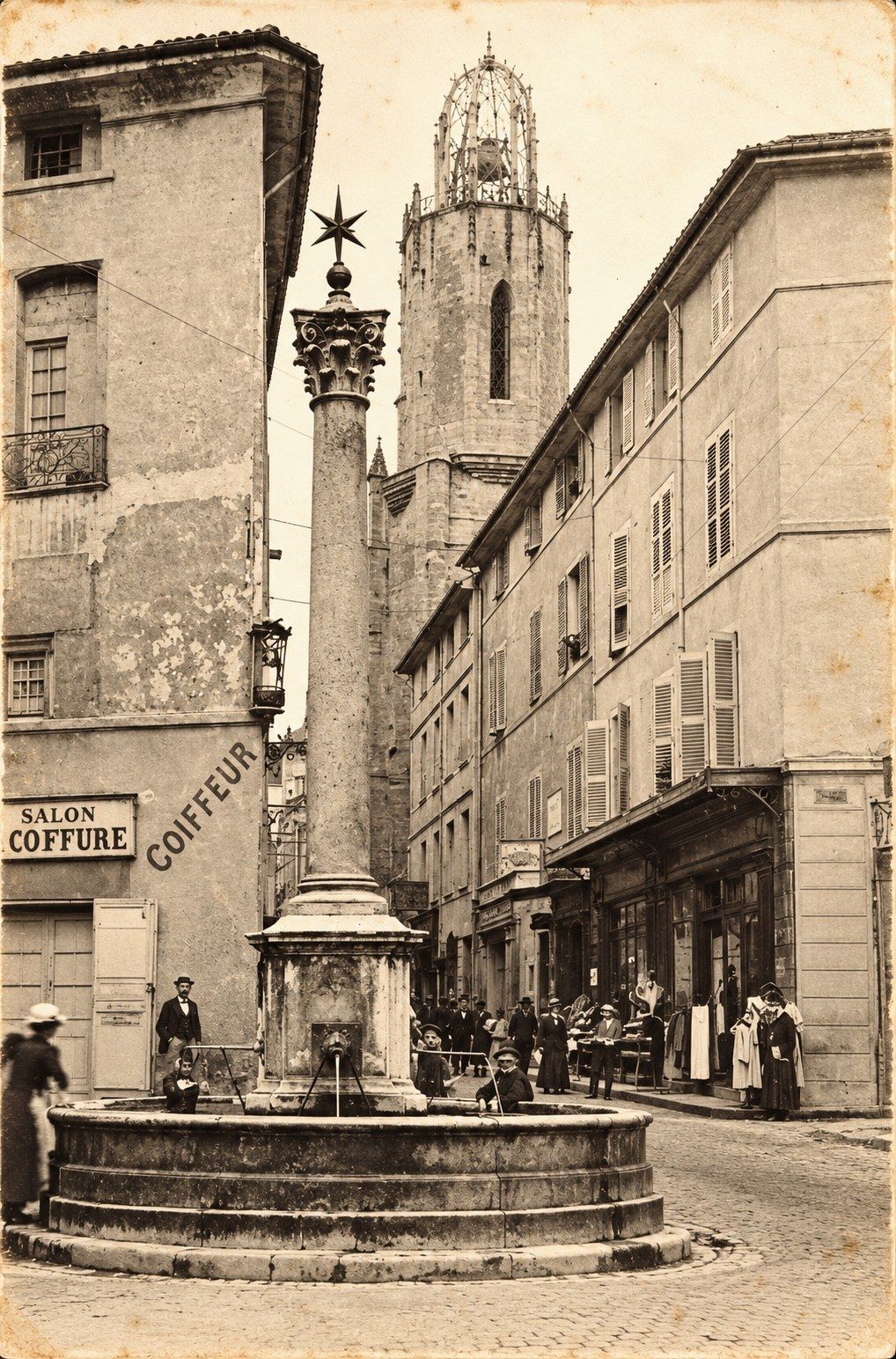 La fontaine des Augustins, sa colonne et son étoile, au début du XXe siècle